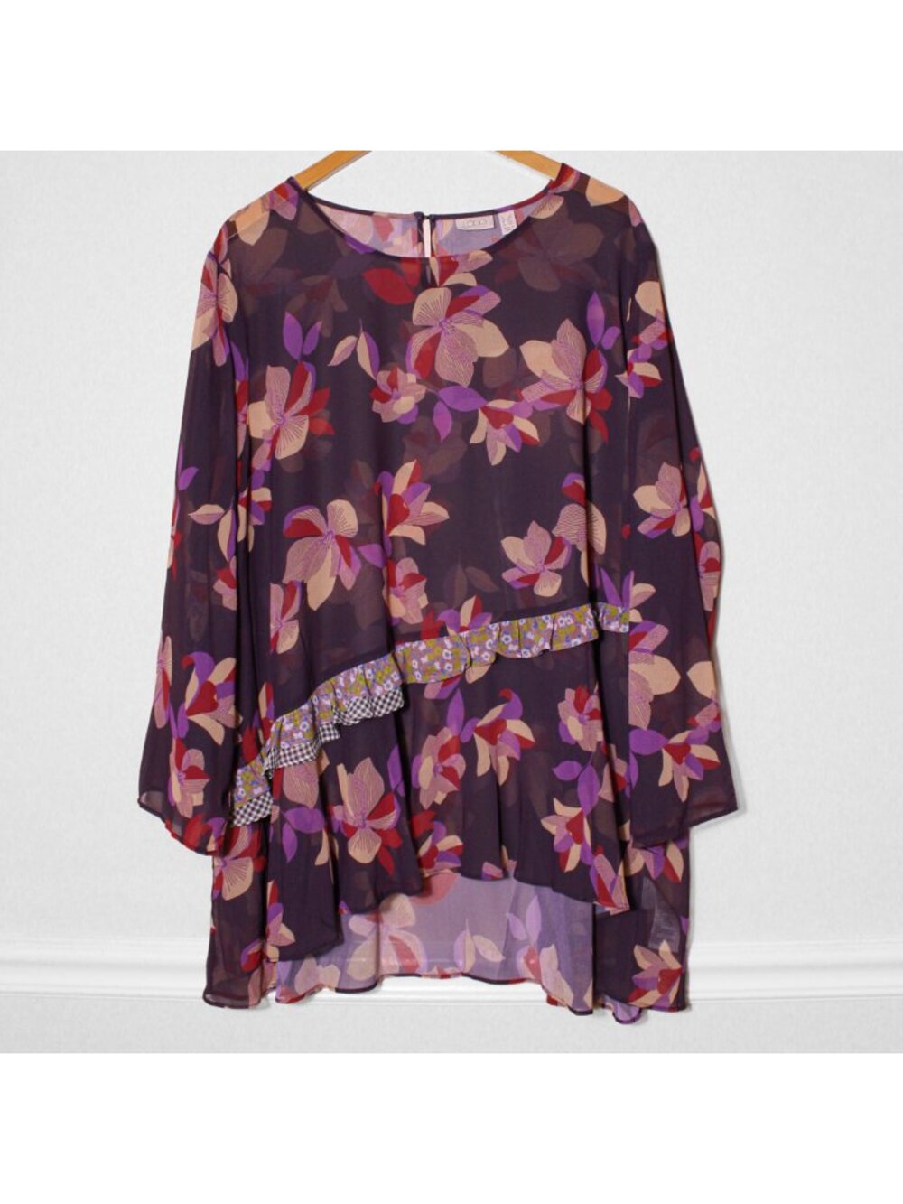 LOGO Lori Goldstein Sheer Mixed Pattern Floral Popover Tunic Top Lagenlook 2X